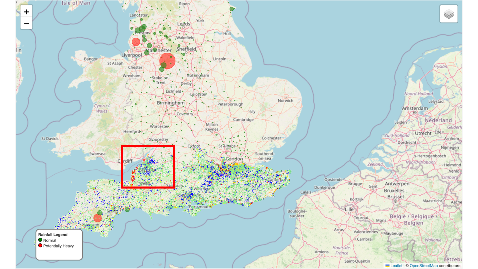 Interactive rainfall map of England and Wales with station markers and a detailed regional radar layer