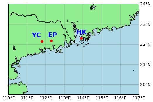 Map of the three disdrometer sites in Southern China