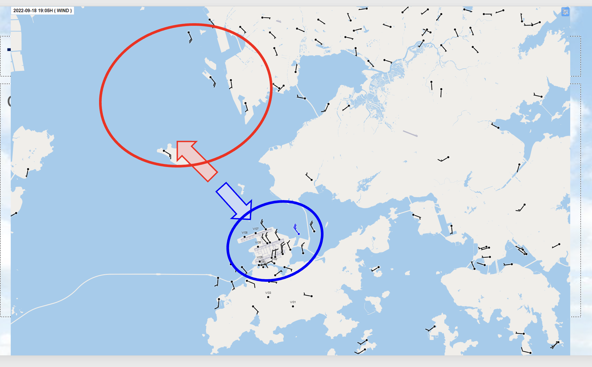 Surface wind observations around Lantau and Chek Lap Kok one minute after the radar cross-section