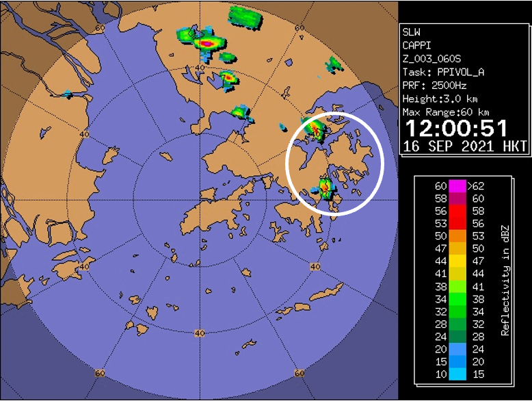 Three-kilometre CAPPI reflectivity with hail-producing cells circled over eastern Hong Kong