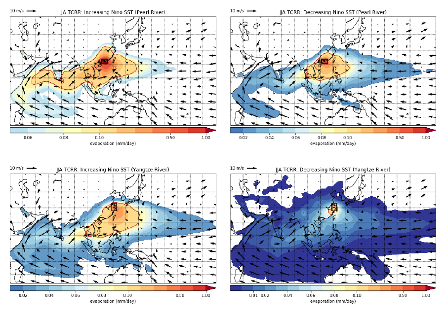 Moisture source maps for increasing and decreasing Niño 3.4 SST years